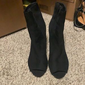 black faux suede open toed heels